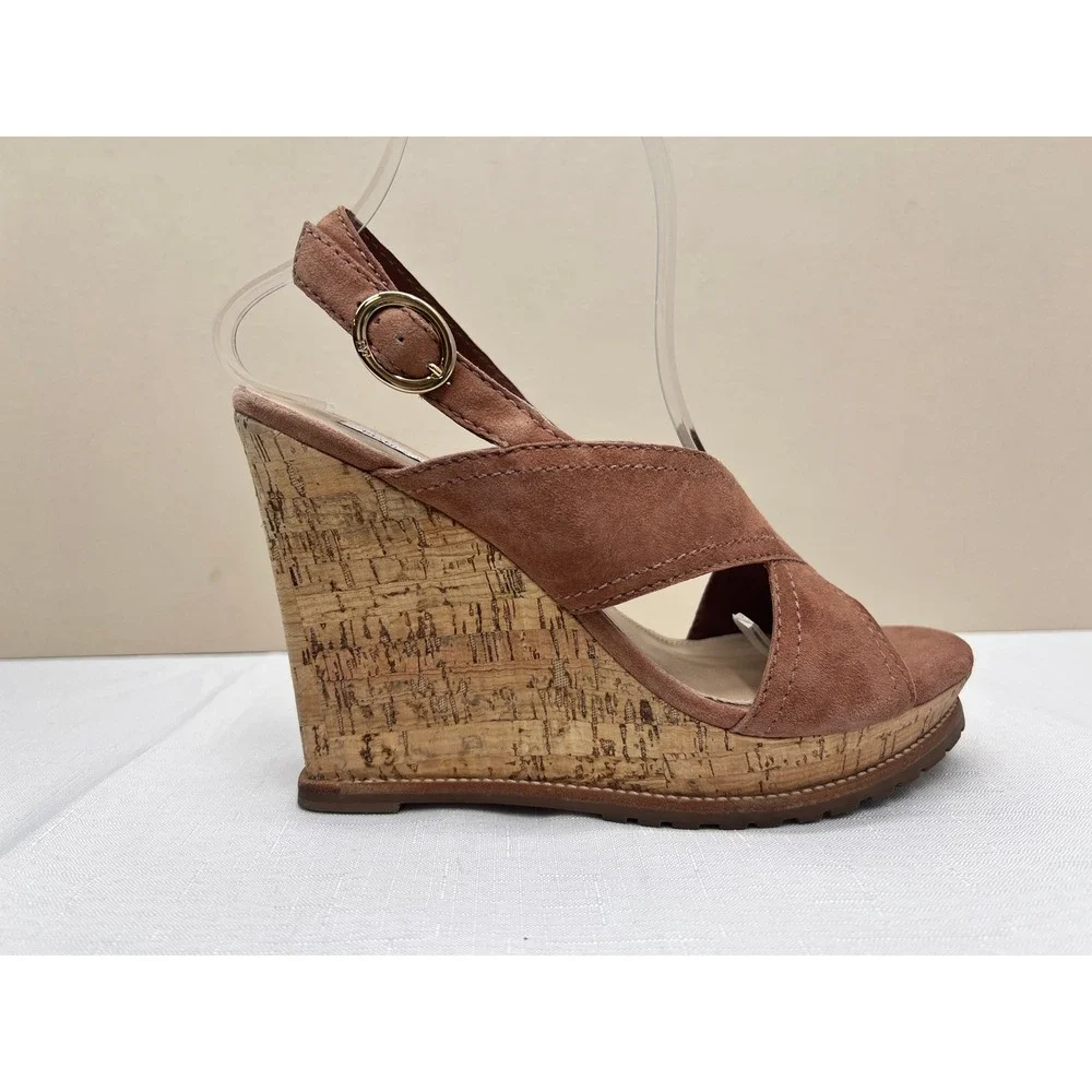 Diane von Furstenberg Wedge Sandals SZ 8 Brown Excellent Cork Suede Slingback